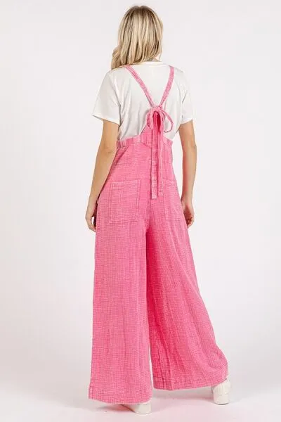 Textured Wide Leg Overalls in Barbie Pink