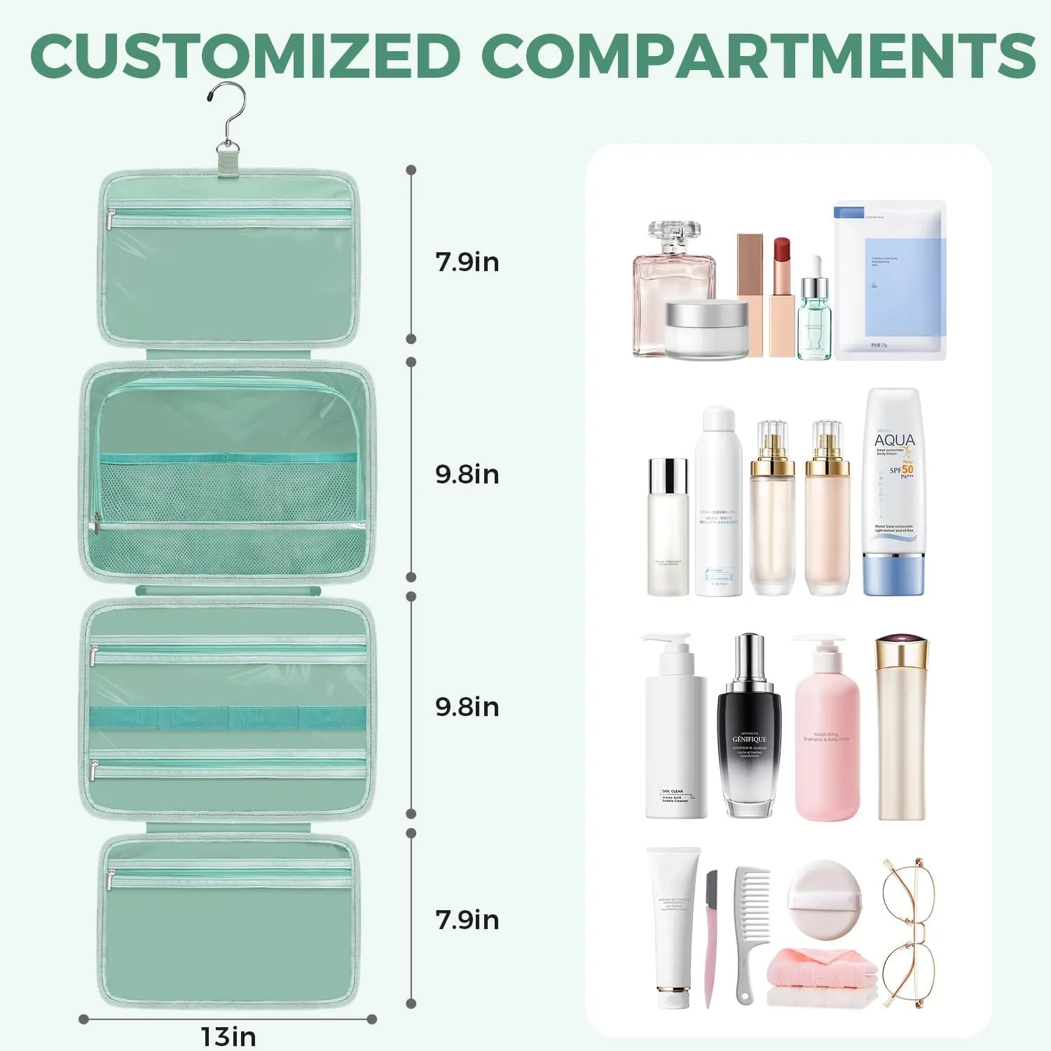 Toiletry Bag For women,Portable Hanging Organizer,4 Leakproof Compartment for full-sized Conditioner, Brushes Set, Makeup Accessories,Visible and easy to access.L-mint