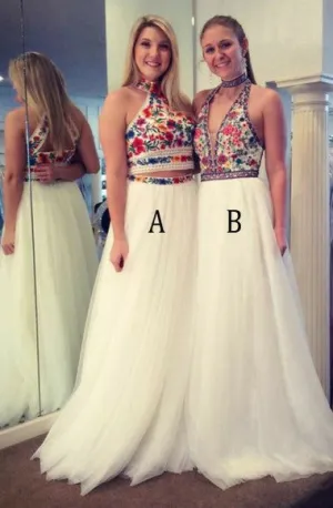 Two Piece High Neck Sweep Train White Tulle Open Back Prom Dress with Embroidery LR223