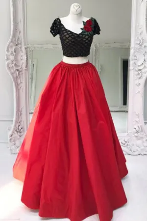 Two Piece V-Neck Floor-Length Short Sleeves Red Organza Prom Dress with Flowers AHC670