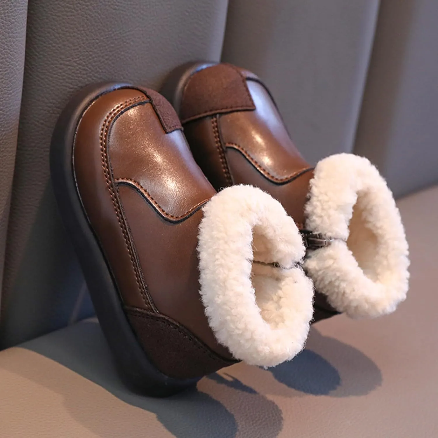 Warm Ankle Winter Boots for Girls Kids Soft Plush ??ining F??r Collar Zipper Snow Bootie Indoor Outdoor Warm Shoes