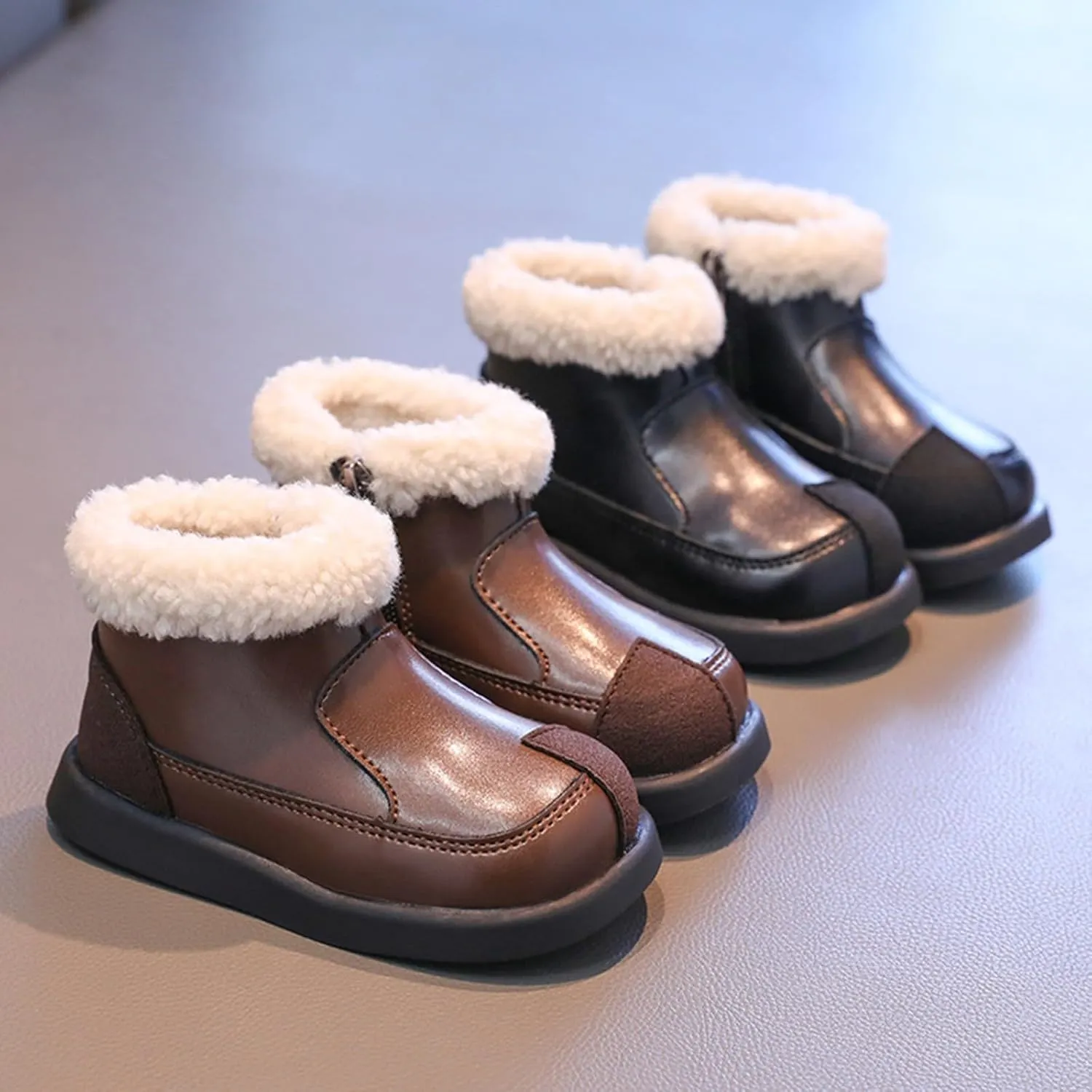 Warm Ankle Winter Boots for Girls Kids Soft Plush ??ining F??r Collar Zipper Snow Bootie Indoor Outdoor Warm Shoes