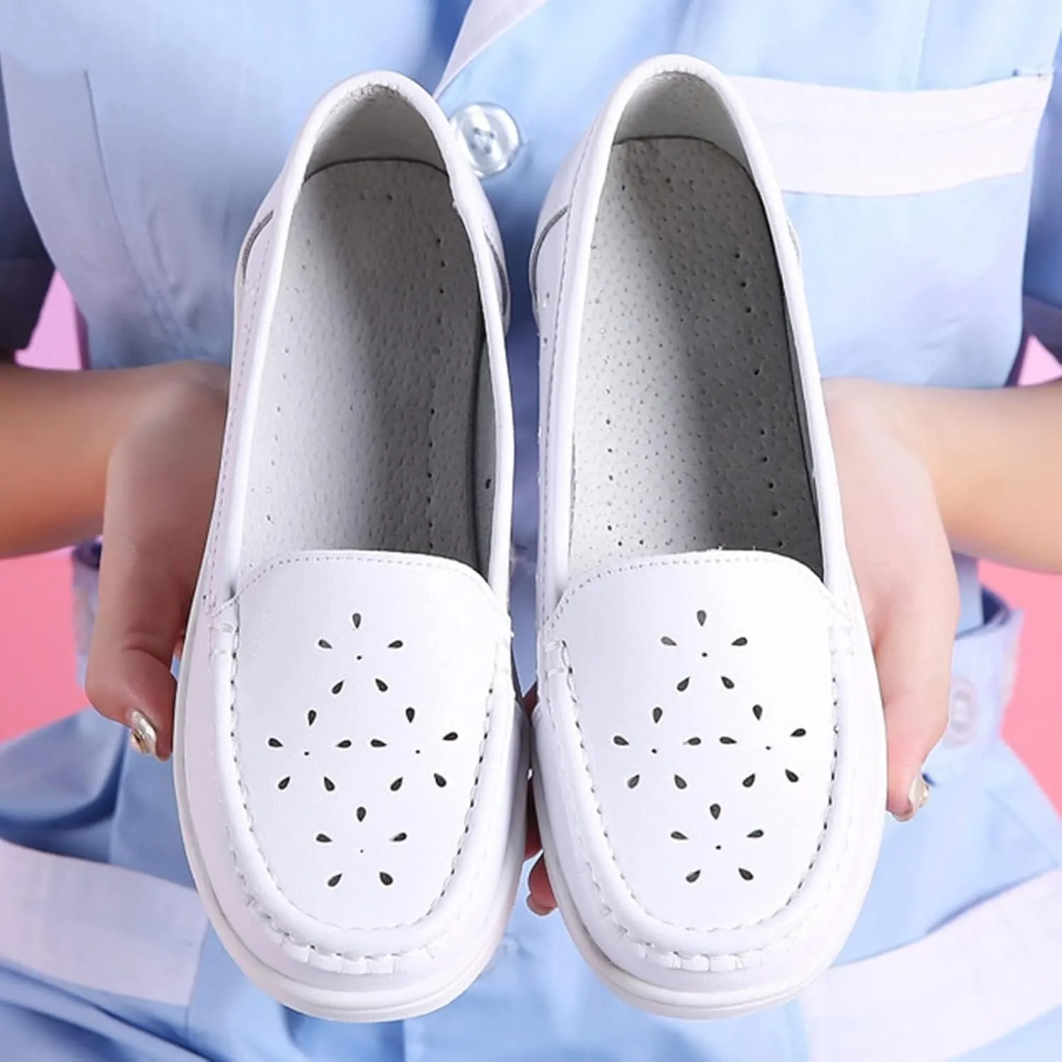 White Bunions Nursing Shoes Women,Breathable Mesh Loafers Work Shoes,Lightweight Non Slip Orthopedic Nurse Shoes for Women Food Service,with Arch Support