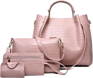 Women 4 Pcs Top Handle Satchel Hobo Handbag Set Large Tote  Purse  Shoulder Bag Card Holder Fashion Large Tote Bag, Light Pink