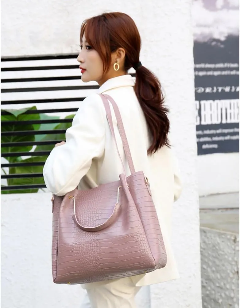 Women 4 Pcs Top Handle Satchel Hobo Handbag Set Large Tote  Purse  Shoulder Bag Card Holder Fashion Large Tote Bag, Light Pink