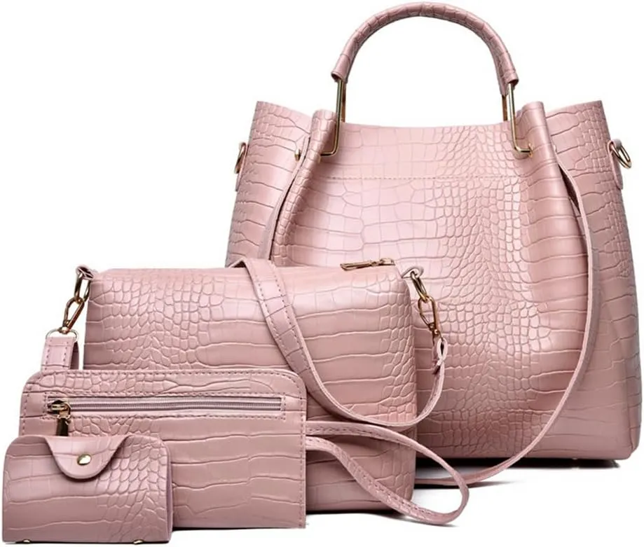 Women 4 Pcs Top Handle Satchel Hobo Handbag Set Large Tote  Purse  Shoulder Bag Card Holder Fashion Large Tote Bag, Light Pink