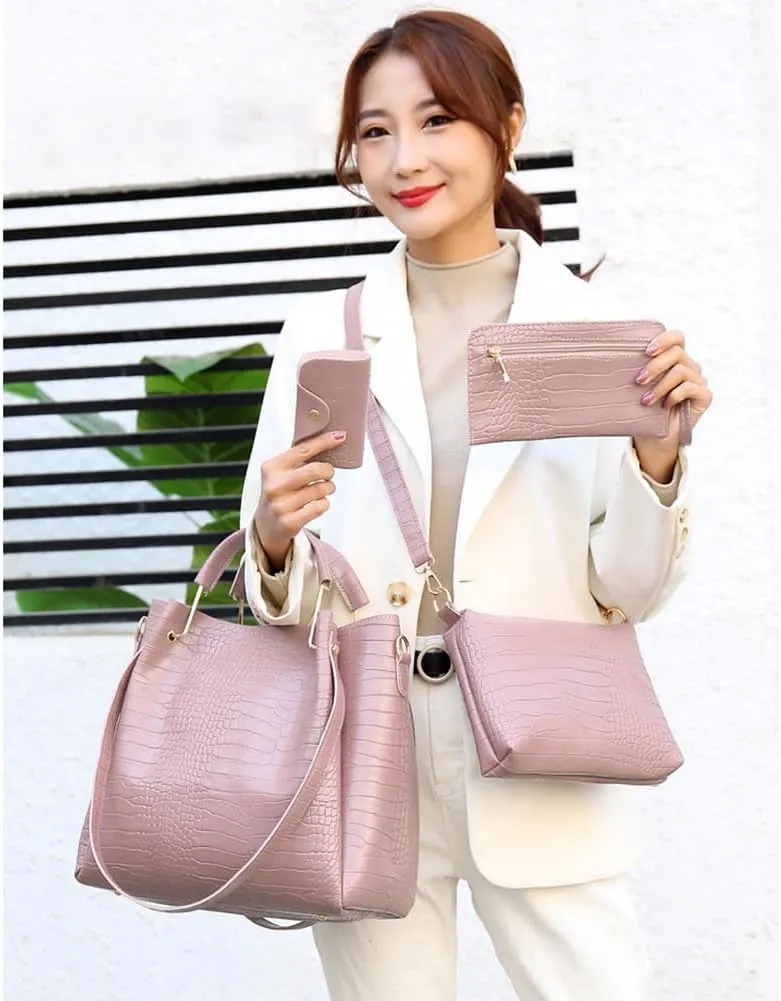 Women 4 Pcs Top Handle Satchel Hobo Handbag Set Large Tote  Purse  Shoulder Bag Card Holder Fashion Large Tote Bag, Light Pink