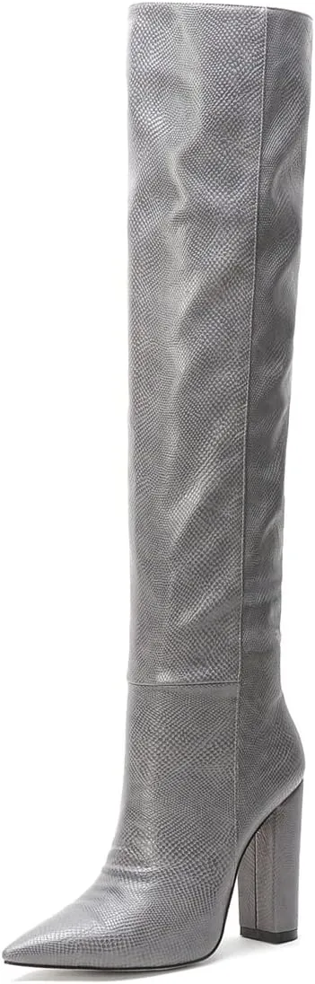 Women Block Heel Pointed Toe Dress Boots Knee High Vegan Leather Shoes Thigh High Chunky Heel Boot