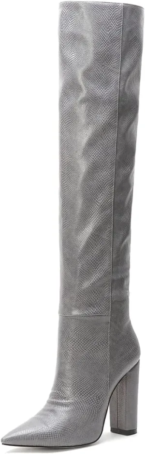 Women Block Heel Pointed Toe Dress Boots Knee High Vegan Leather Shoes Thigh High Chunky Heel Boot