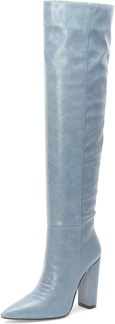 Women Block Heel Pointed Toe Dress Boots Knee High Vegan Leather Shoes Thigh High Chunky Heel Boot