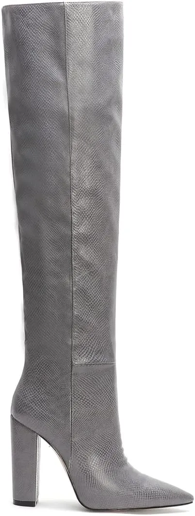 Women Block Heel Pointed Toe Dress Boots Knee High Vegan Leather Shoes Thigh High Chunky Heel Boot