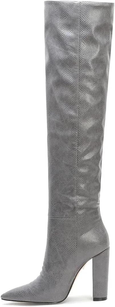 Women Block Heel Pointed Toe Dress Boots Knee High Vegan Leather Shoes Thigh High Chunky Heel Boot
