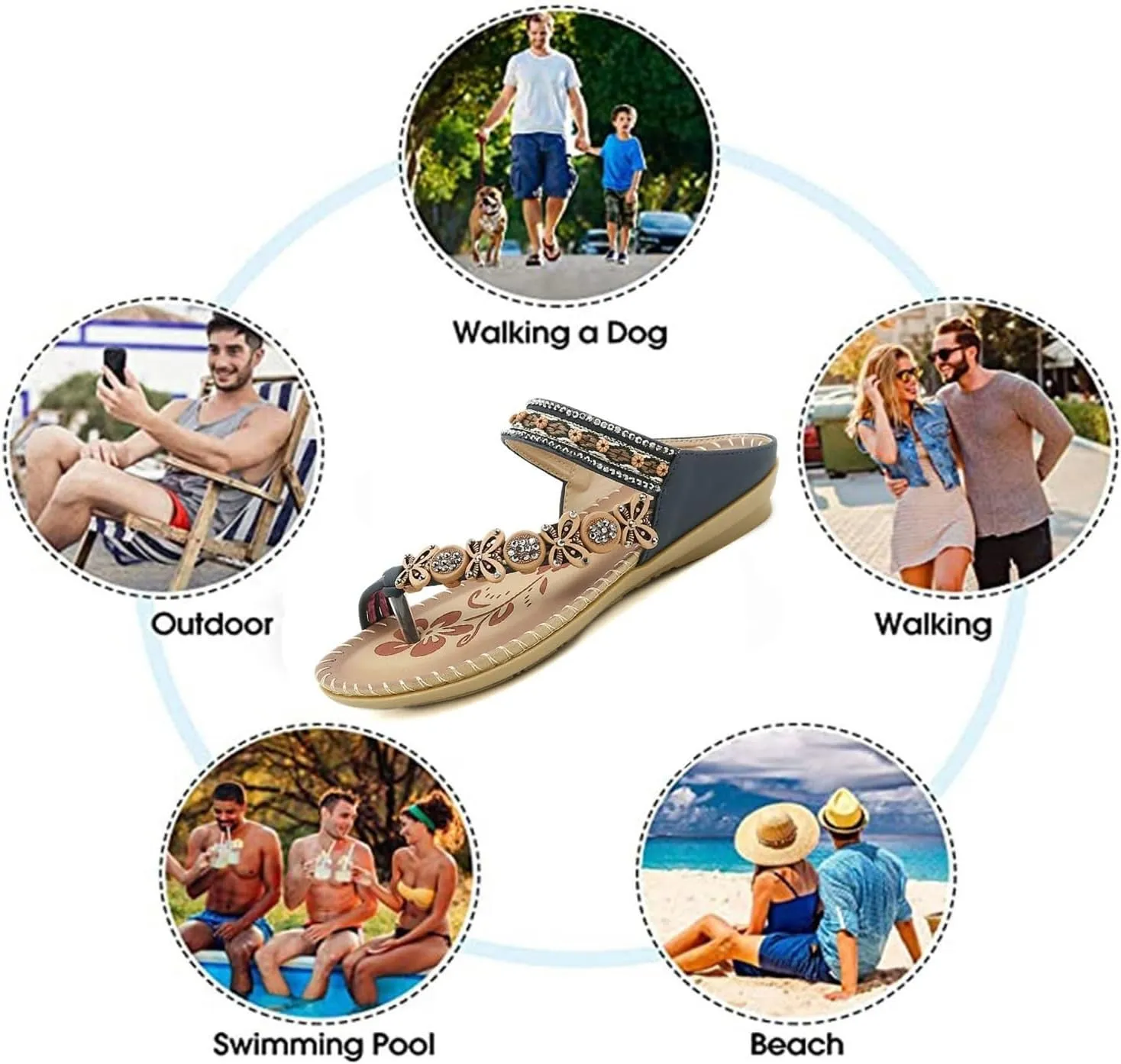 Women Fashion Bohemia Bling Rhinestone Slip-On Bunion Sandals, Breathable Casual Beach Wide Travel Shoes, for Flat Feet and Plantar Fasciitis Orthopedic Toe Post Sand