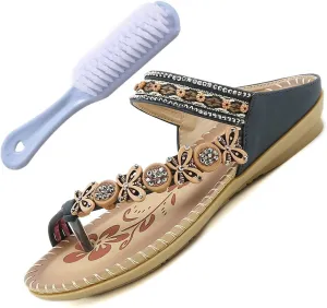 Women Fashion Bohemia Bling Rhinestone Slip-On Bunion Sandals, Breathable Casual Beach Wide Travel Shoes, for Flat Feet and Plantar Fasciitis Orthopedic Toe Post Sand