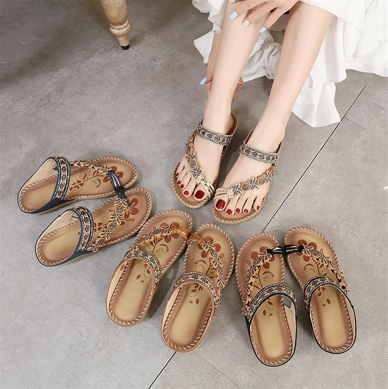 Women Fashion Bohemia Bling Rhinestone Slip-On Bunion Sandals, Breathable Casual Beach Wide Travel Shoes, for Flat Feet and Plantar Fasciitis Orthopedic Toe Post Sand