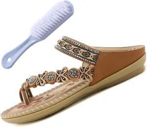 Women Fashion Bohemia Bling Rhinestone Slip-On Bunion Sandals, Breathable Casual Beach Wide Travel Shoes, for Flat Feet and Plantar Fasciitis Orthopedic Toe Post Sand