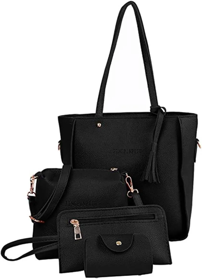 Women Handbag Set, 4 in 1 PU Leather Top Handle Bag Black Tote Shoulder Bags Satchel Purse Set for Girls