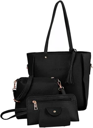 Women Handbag Set, 4 in 1 PU Leather Top Handle Bag Black Tote Shoulder Bags Satchel Purse Set for Girls