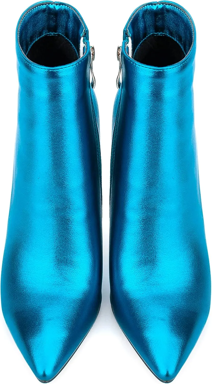 Women Metal Style Vegan Patent Leather Pointed Toe Ankle Booties High Heel Stiletto Boots with Zip