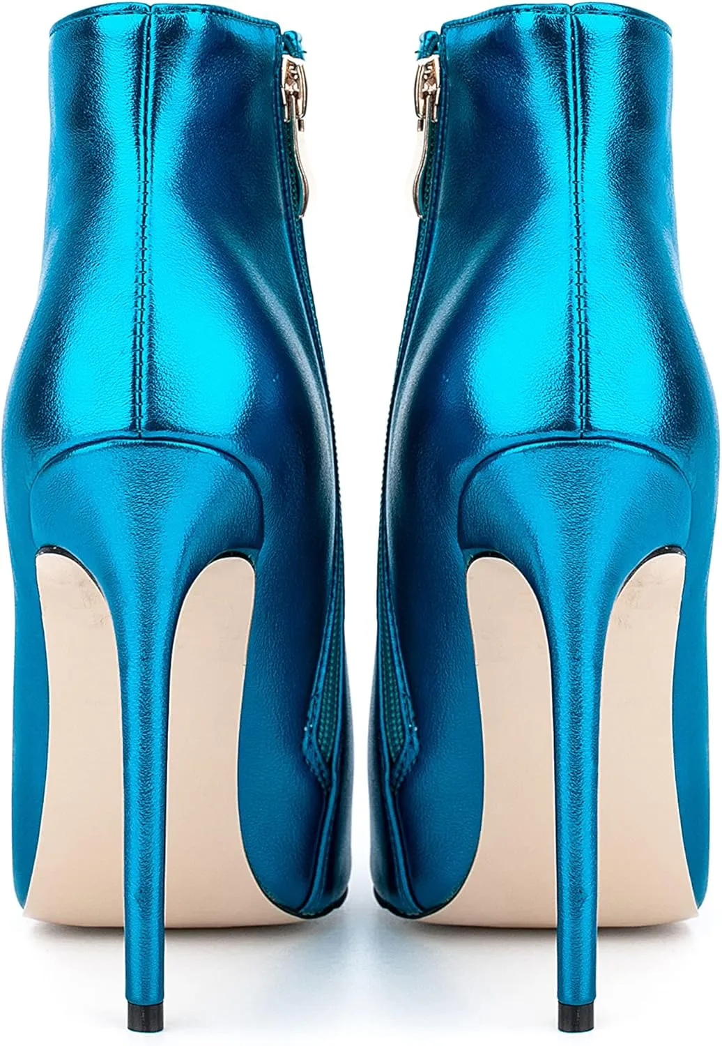 Women Metal Style Vegan Patent Leather Pointed Toe Ankle Booties High Heel Stiletto Boots with Zip