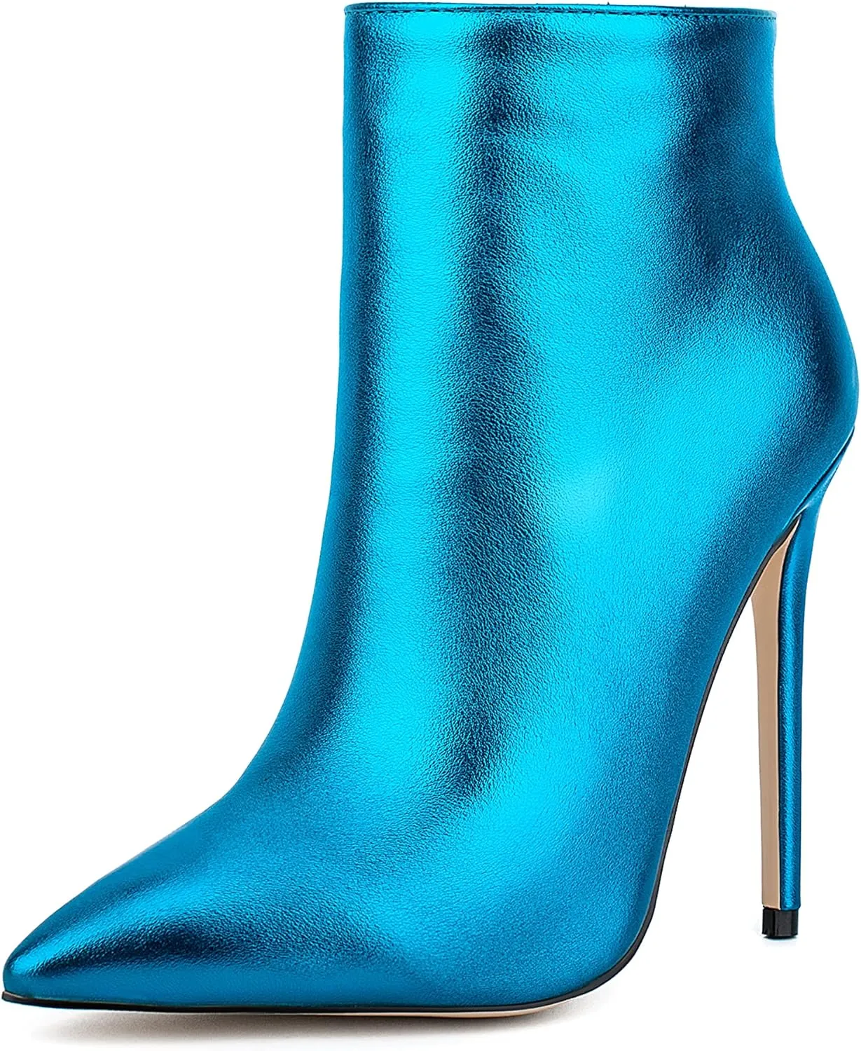 Women Metal Style Vegan Patent Leather Pointed Toe Ankle Booties High Heel Stiletto Boots with Zip