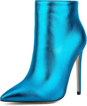 Women Metal Style Vegan Patent Leather Pointed Toe Ankle Booties High Heel Stiletto Boots with Zip