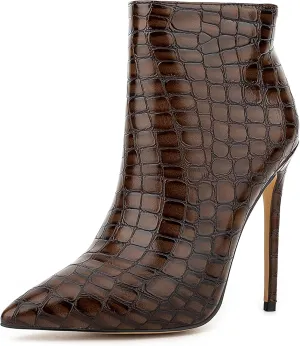 Women Vintage Printed Vegan Leather Pointed Toe Ankle Booties Stiletto High Heel Zipper Boots