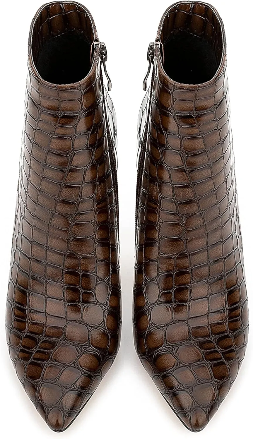 Women Vintage Printed Vegan Leather Pointed Toe Ankle Booties Stiletto High Heel Zipper Boots