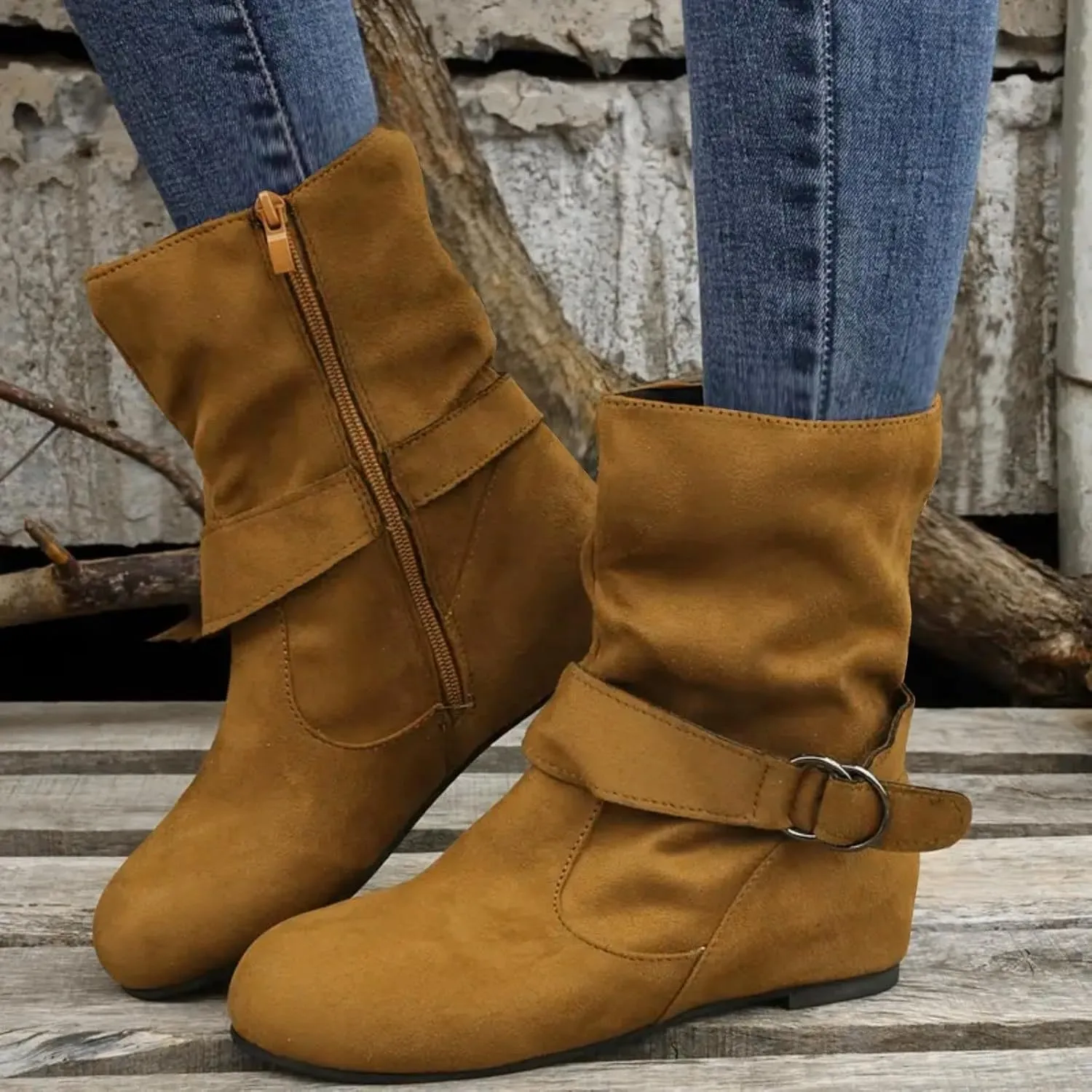 Women'Dressy Mid Calf Boots Women Fashion Low Heel Boots Low Heels Fashionable Casual Mid Calf Round Toe Women Boots