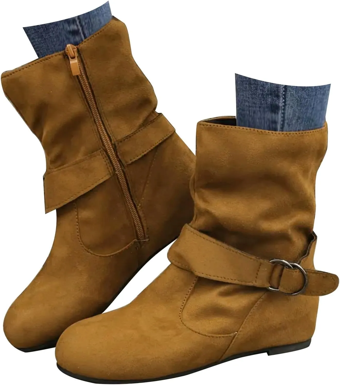 Women'Dressy Mid Calf Boots Women Fashion Low Heel Boots Low Heels Fashionable Casual Mid Calf Round Toe Women Boots