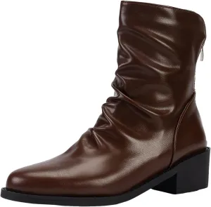 Womens Ankle Boots Black Boots for Women Fashion Retro Women's Low Heel Pointed Toe Slip On Retro Mid Calf Boots