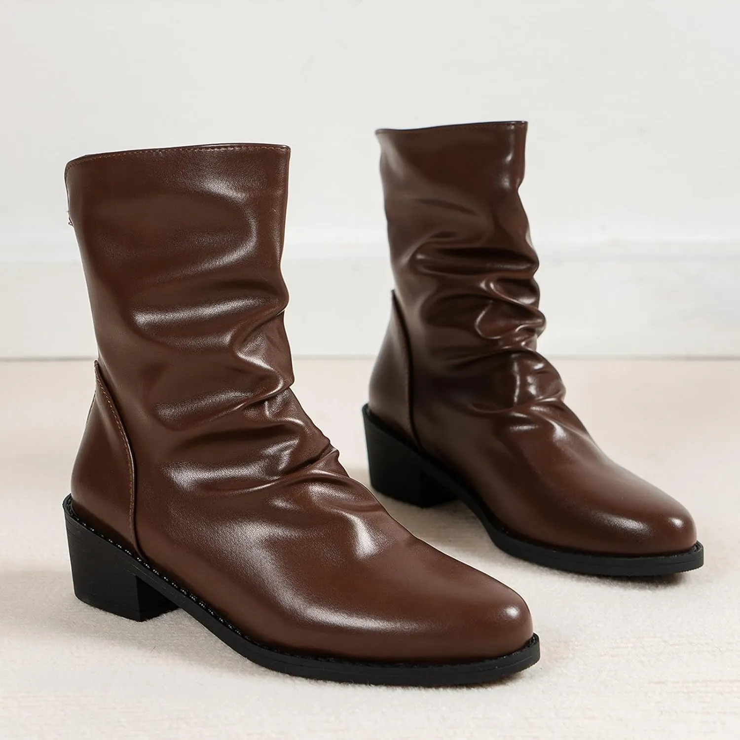 Womens Ankle Boots Black Boots for Women Fashion Retro Women's Low Heel Pointed Toe Slip On Retro Mid Calf Boots