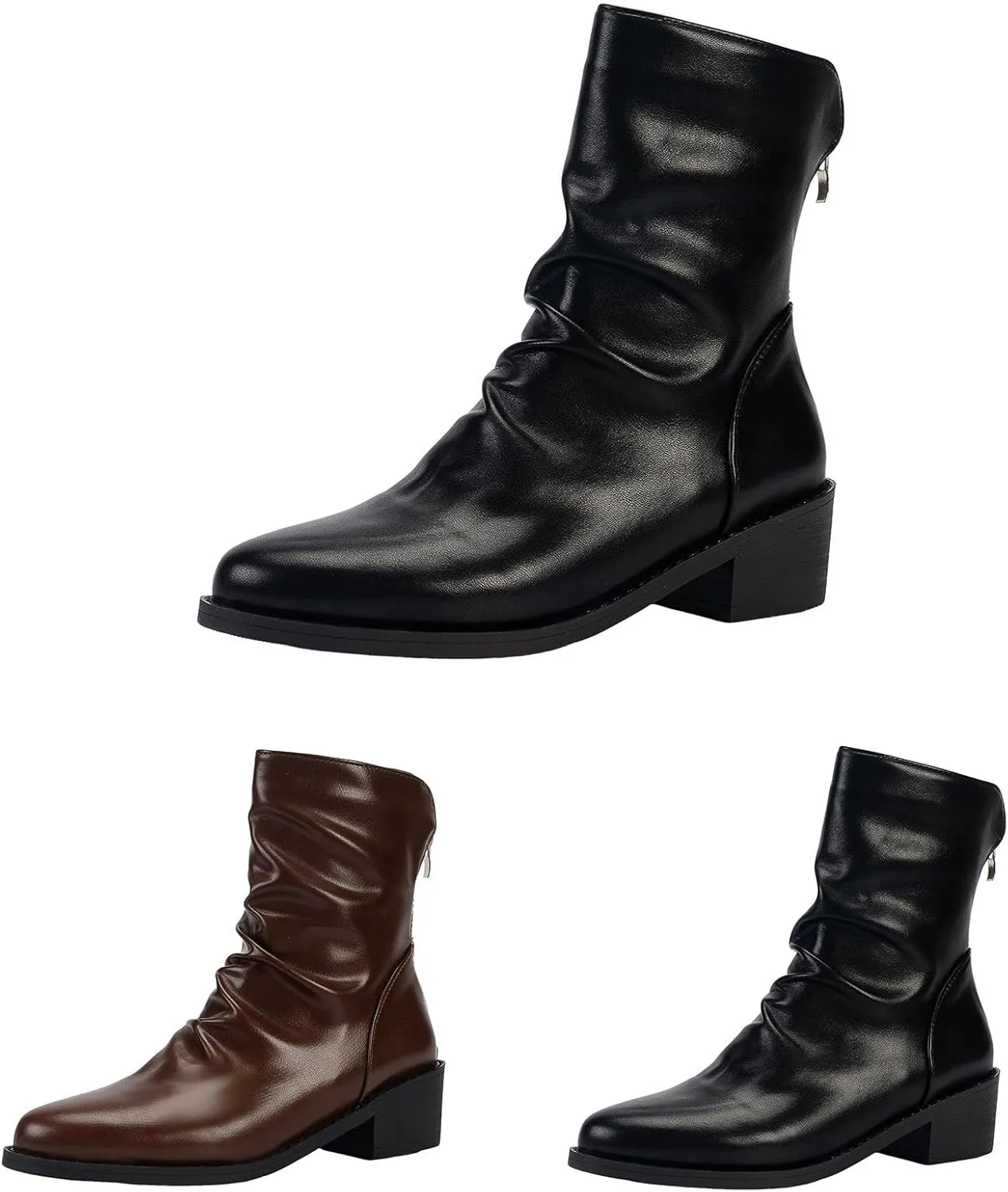 Womens Ankle Boots Black Boots for Women Fashion Retro Women's Low Heel Pointed Toe Slip On Retro Mid Calf Boots