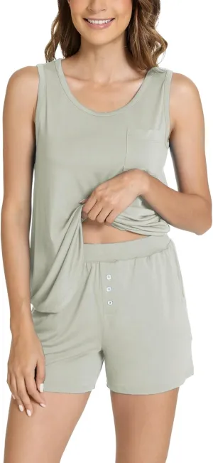 Women's Bamboo Viscose Pajamas Set - Sleeveless Tank Top and Sleep Shorts Summer Pjs Lightweight Cooling Sleepwear