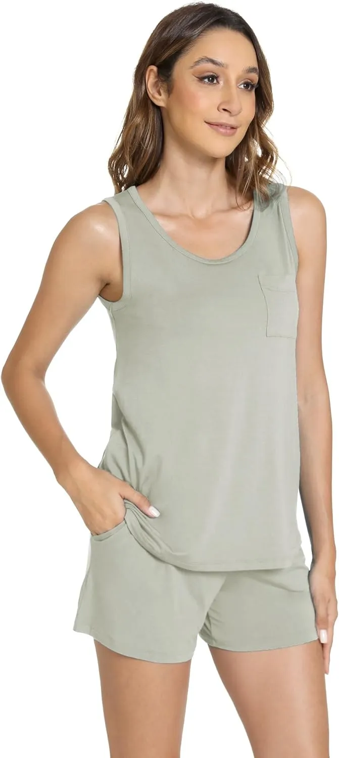 Women's Bamboo Viscose Pajamas Set - Sleeveless Tank Top and Sleep Shorts Summer Pjs Lightweight Cooling Sleepwear