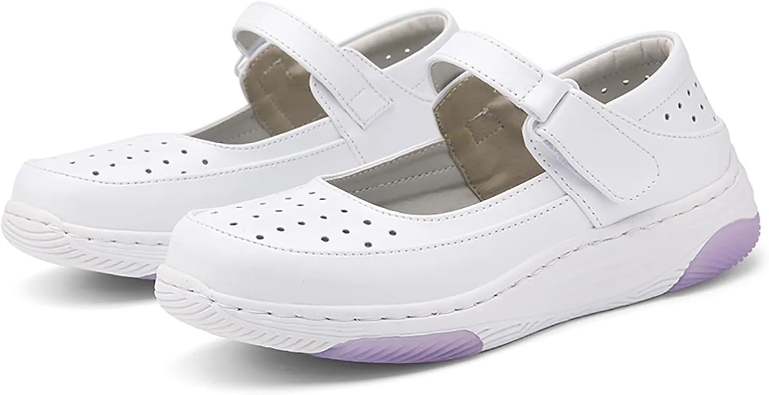 Women's Leather Hollow Orthopedic Nurse Mary Jane Shoes Comfortable Breathable Platform Round Toe Soft Sole Walking Shoes Adjustable Hook&Loop Slip-on Casual Work Shoes
