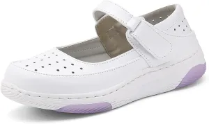 Women's Leather Hollow Orthopedic Nurse Mary Jane Shoes Comfortable Breathable Platform Round Toe Soft Sole Walking Shoes Adjustable Hook&Loop Slip-on Casual Work Shoes