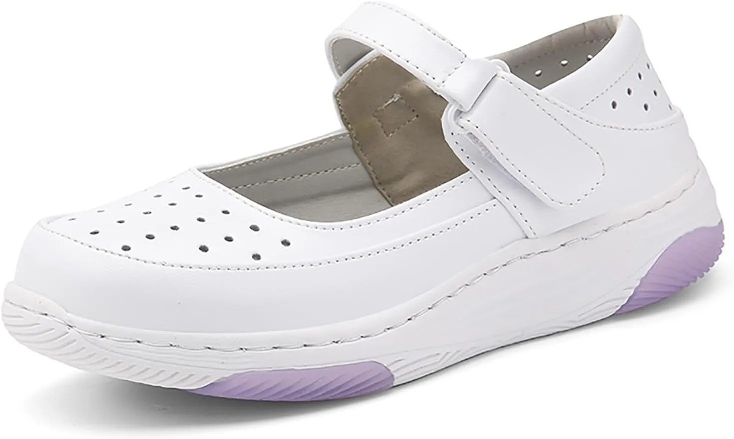 Women's Leather Hollow Orthopedic Nurse Mary Jane Shoes Comfortable Breathable Platform Round Toe Soft Sole Walking Shoes Adjustable Hook&Loop Slip-on Casual Work Shoes