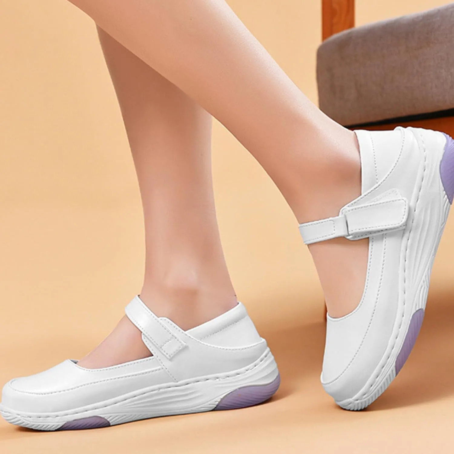 Women's Leather Hollow Orthopedic Nurse Mary Jane Shoes Comfortable Breathable Platform Round Toe Soft Sole Walking Shoes Adjustable Hook&Loop Slip-on Casual Work Shoes