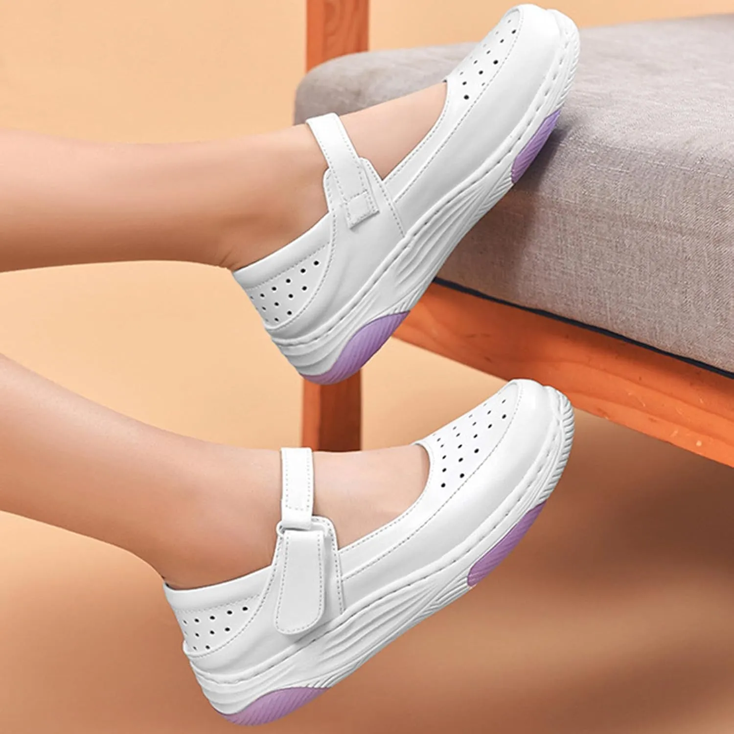 Women's Leather Hollow Orthopedic Nurse Mary Jane Shoes Comfortable Breathable Platform Round Toe Soft Sole Walking Shoes Adjustable Hook&Loop Slip-on Casual Work Shoes