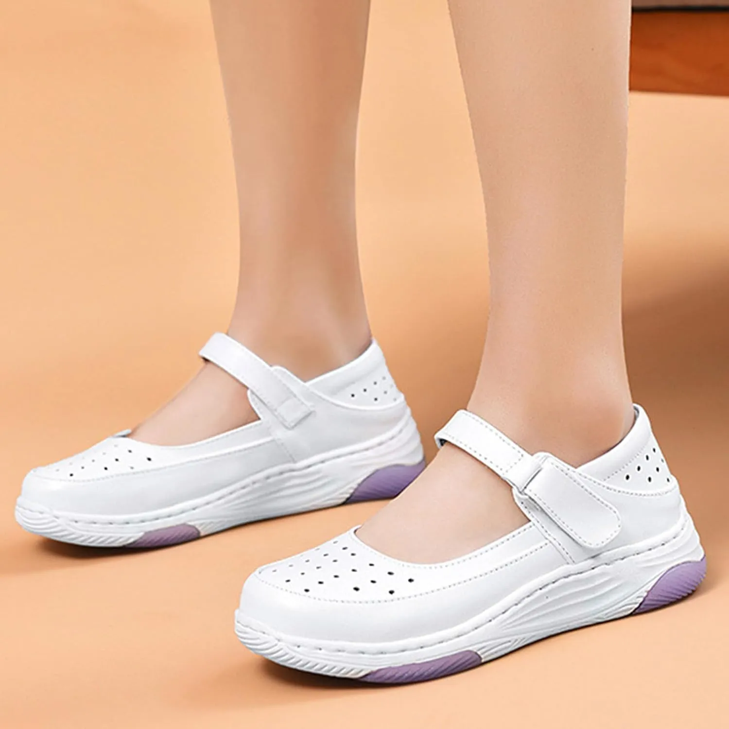 Women's Leather Hollow Orthopedic Nurse Mary Jane Shoes Comfortable Breathable Platform Round Toe Soft Sole Walking Shoes Adjustable Hook&Loop Slip-on Casual Work Shoes