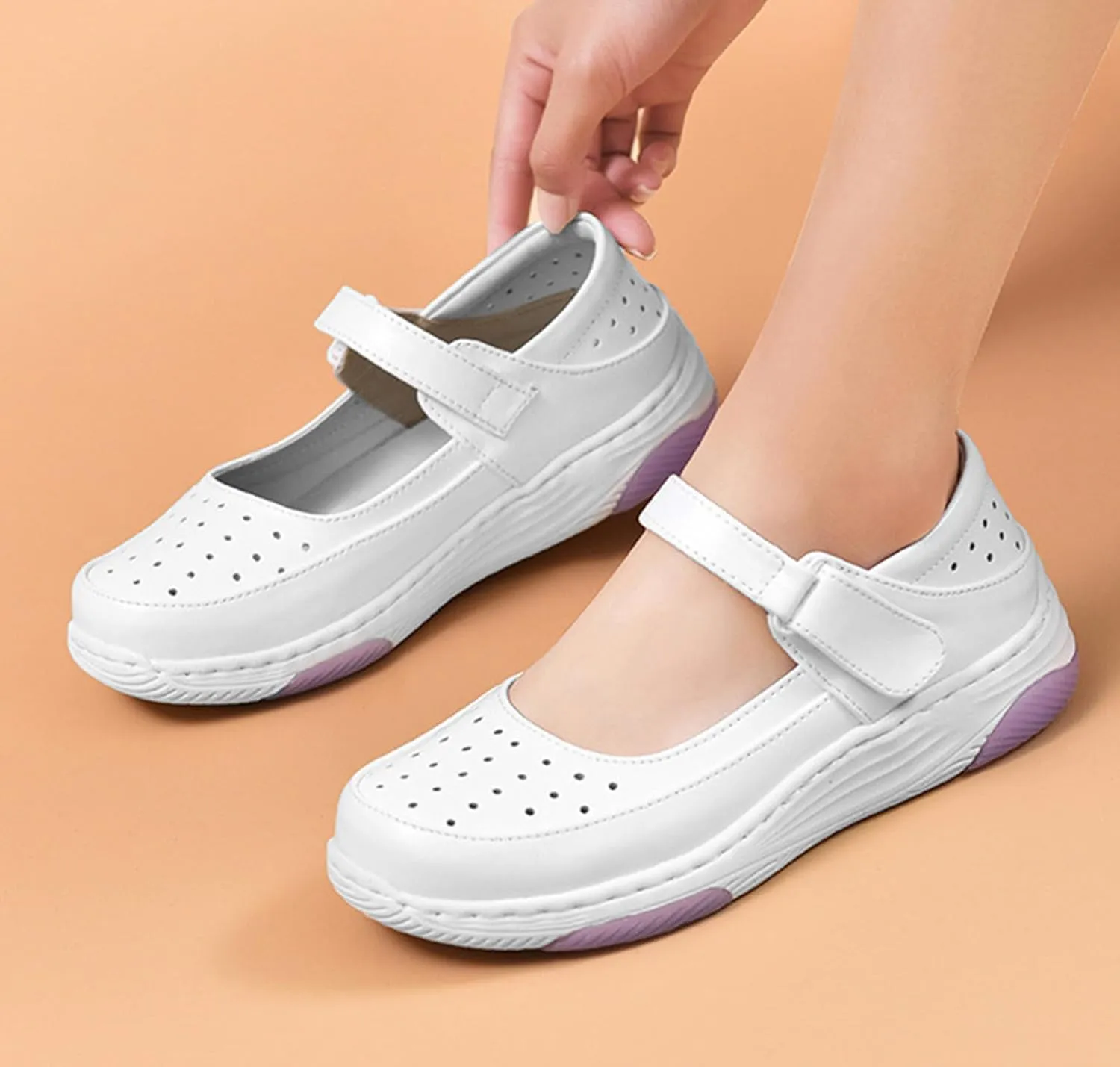 Women's Leather Hollow Orthopedic Nurse Mary Jane Shoes Comfortable Breathable Platform Round Toe Soft Sole Walking Shoes Adjustable Hook&Loop Slip-on Casual Work Shoes