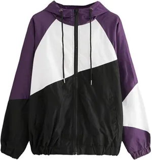 Women's Lightweight Windbreaker Jacket Color Block Zip Up Oversized Jackets Drawstring Waterproof Coats