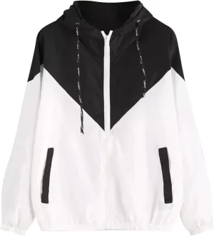 Women's Lightweight Windbreaker Jacket Color Block Zip Up Oversized Jackets Drawstring Waterproof Coats