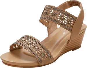 Womens Open Toe Espadrilles Dressy Low Wedge Sandals Slip on Elastic Ankle Strap Sandals, Hollow Out Breathable Low Heel Sandal Summer Casual Dress Shoes