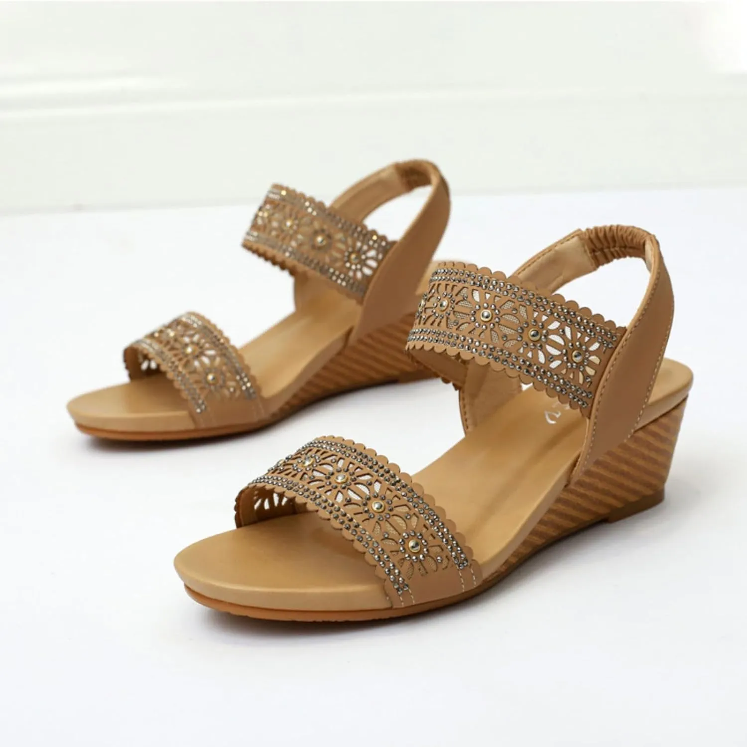 Womens Open Toe Espadrilles Dressy Low Wedge Sandals Slip on Elastic Ankle Strap Sandals, Hollow Out Breathable Low Heel Sandal Summer Casual Dress Shoes
