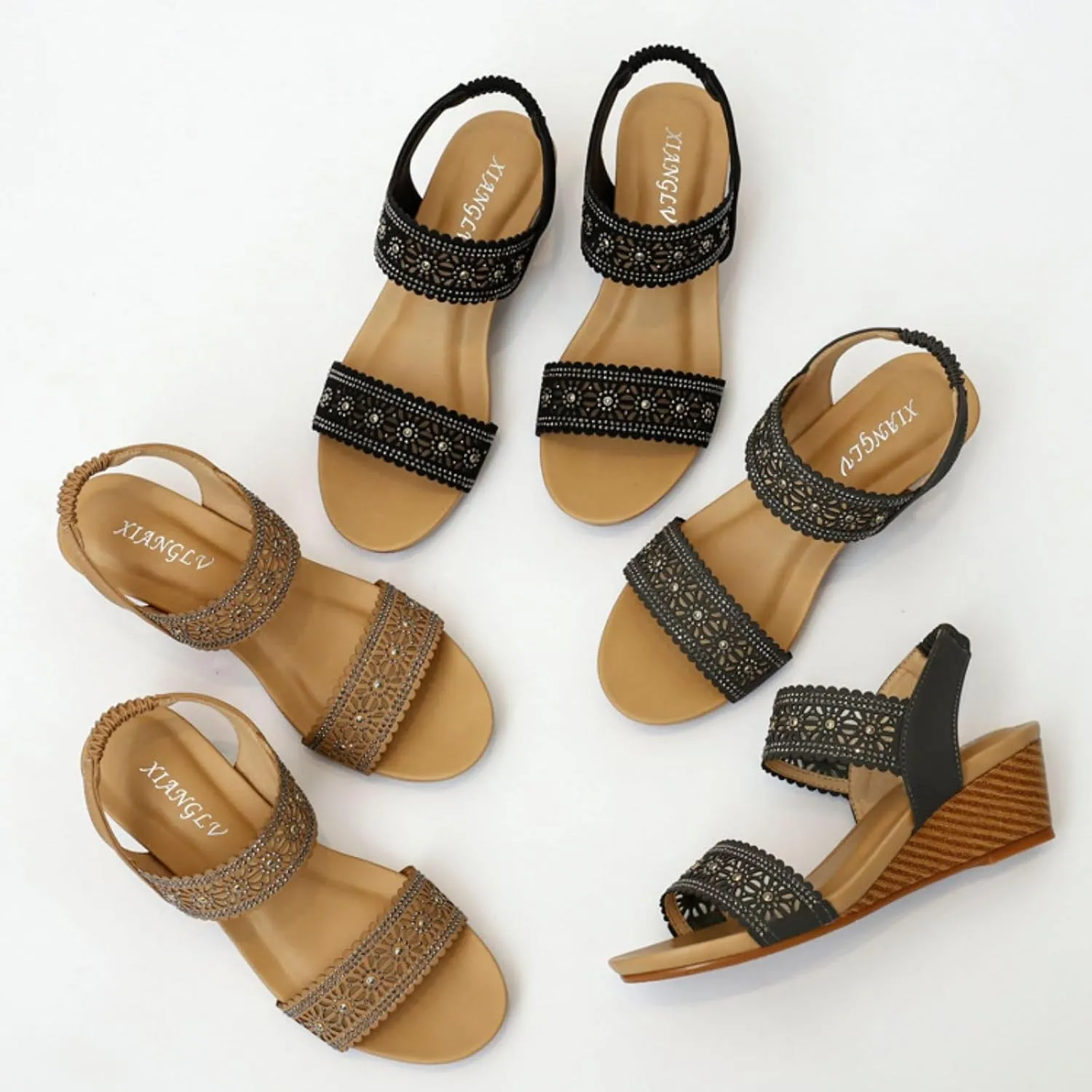Womens Open Toe Espadrilles Dressy Low Wedge Sandals Slip on Elastic Ankle Strap Sandals, Hollow Out Breathable Low Heel Sandal Summer Casual Dress Shoes