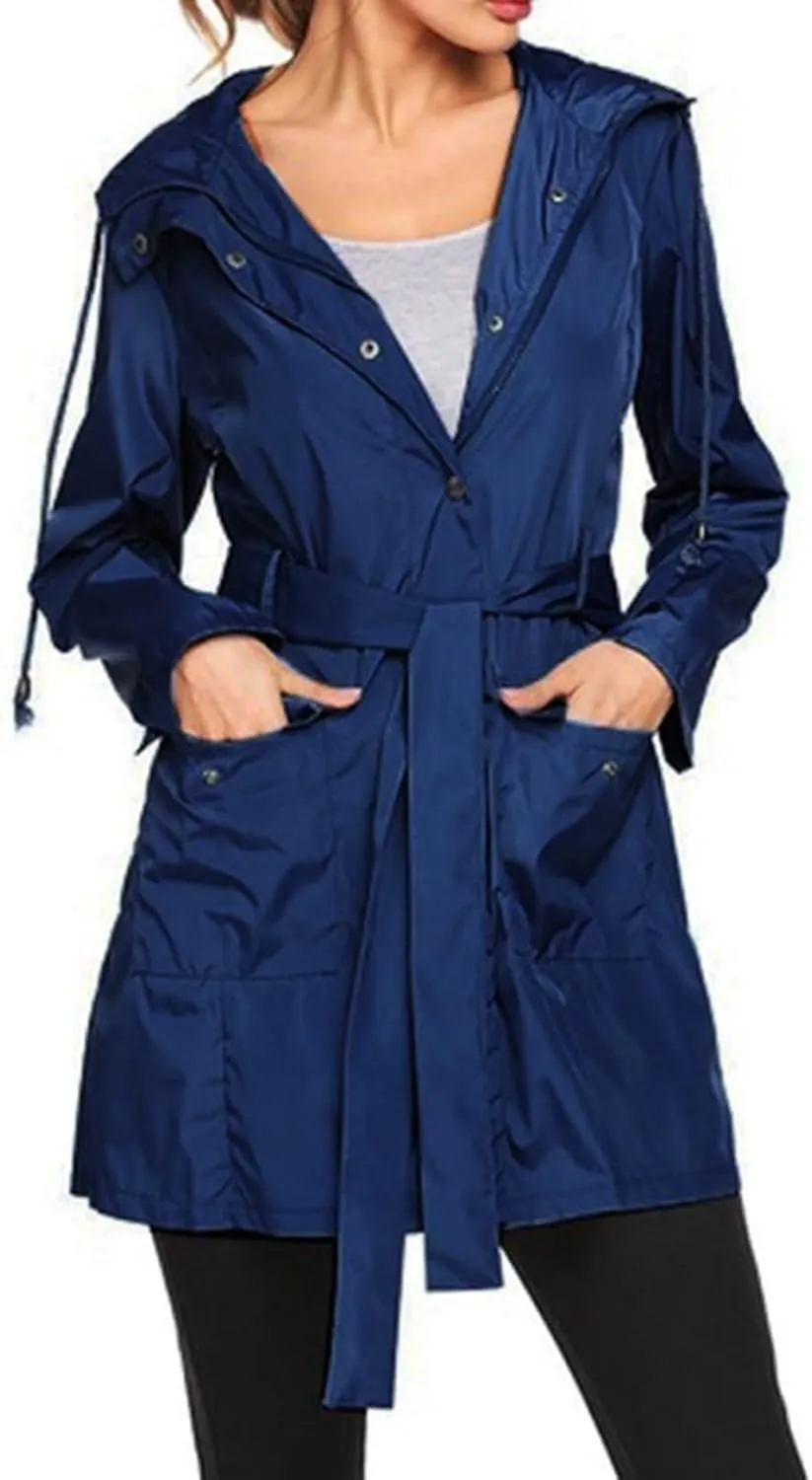 Women's Raincoats Waterproof Lightweight Raincoat with Hood Outdoor Windbreaker Rain Jacket Adjustable Waist