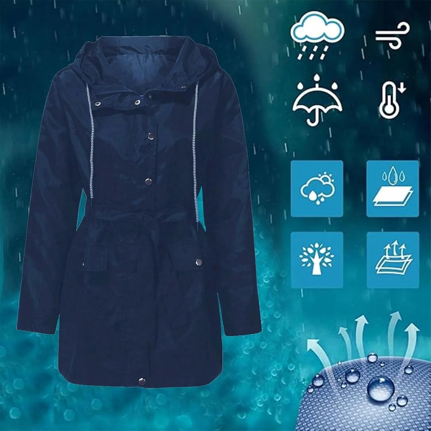 Women's Raincoats Waterproof Lightweight Raincoat with Hood Outdoor Windbreaker Rain Jacket Adjustable Waist