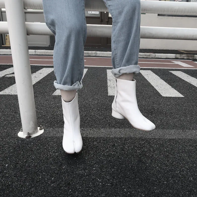 WoodChuckSato Women's Men's White Tabi Split-Toe Cow Leather Boots with 3cm Heel Height Sizes EU 35-48